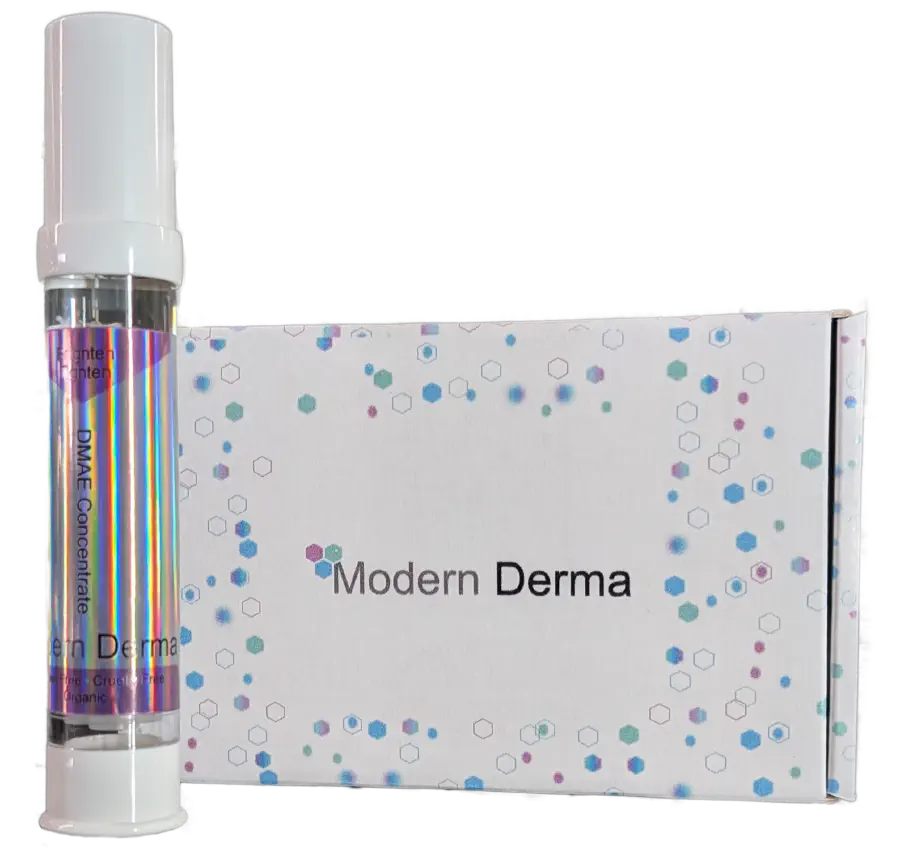 Bottle of Modern Derma Formula MD in front of its box.